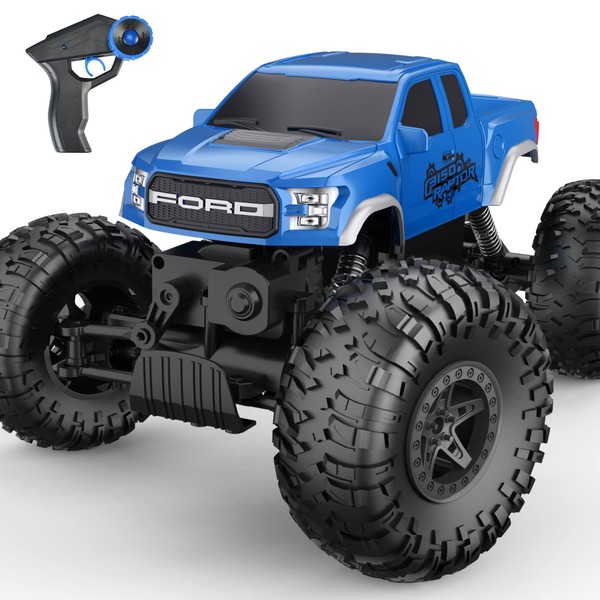 DOUBLE E Ford Raptor F150 RC Car 4WD 2 Motors Monster Trucks for Boys, 11 Inches Off Road Crawler Vehicle Truck Toy with Rechargeable Battery Gift for Boys Girls 6 7 8 9 10 11 12 Years-Blue