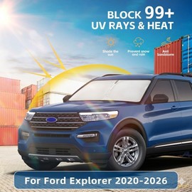 Windshield Sun Shade for Ford Explorer 2020-2024 2025 2026 Window Shade Custom Fit Explorer Accessories SUV ST XLT, Limited, Platinum Sun Visor Foldable Shade Blocks UV Rays