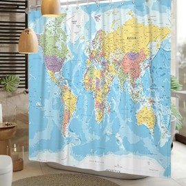 Xiaoterna World Map Shower Curtain, Blue Ocean Continents, Bathroom Curtain, World Map Shower Curtain, Geography Educational Shower Curtain, Machine Washable, Waterproof Fabric, 105 x 160 cm