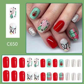Christmas Fake Nails Medium Square Press on Nails Elk Glitter with Christmas Trees Plaid Design Red False Nails Cute Acrylic Nails Full Cover Artificial Nails Stick on Nails for Women Manicure 24Pcs