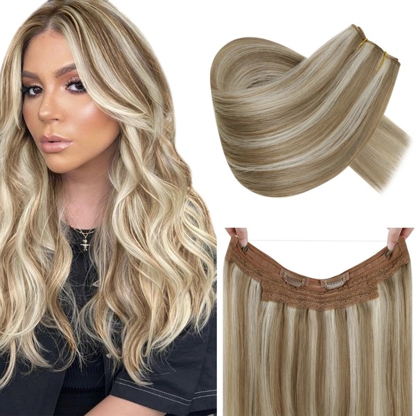 RUNATURE Hair Extensions Real Hair with Wire Blonde Highlight 45 cm Wire Extensions Real Hair Invisible Straight Wire Extensions Real Hair 80 g Colour #8P24