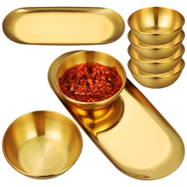 Golden Stainless Steel Sauce Dip Bowls Set of 6 with 2 Oval Decorative Trays Small Soy Sauce Dishes for Sushi Snacks Appetizers and Dipping Bowl 3.54 X 2.36 X 1.18 Inches