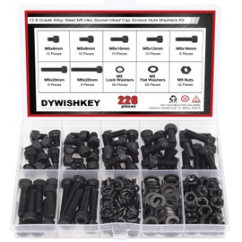 DYWISHKEY 226 Pieces M5 Black Screws, 12.9 Grade Alloy Steel M5x 6/8 /10/12 /16/20 /25mm Hex Socket Head Cap Screws Bolts Nuts Washers Assortment Kit