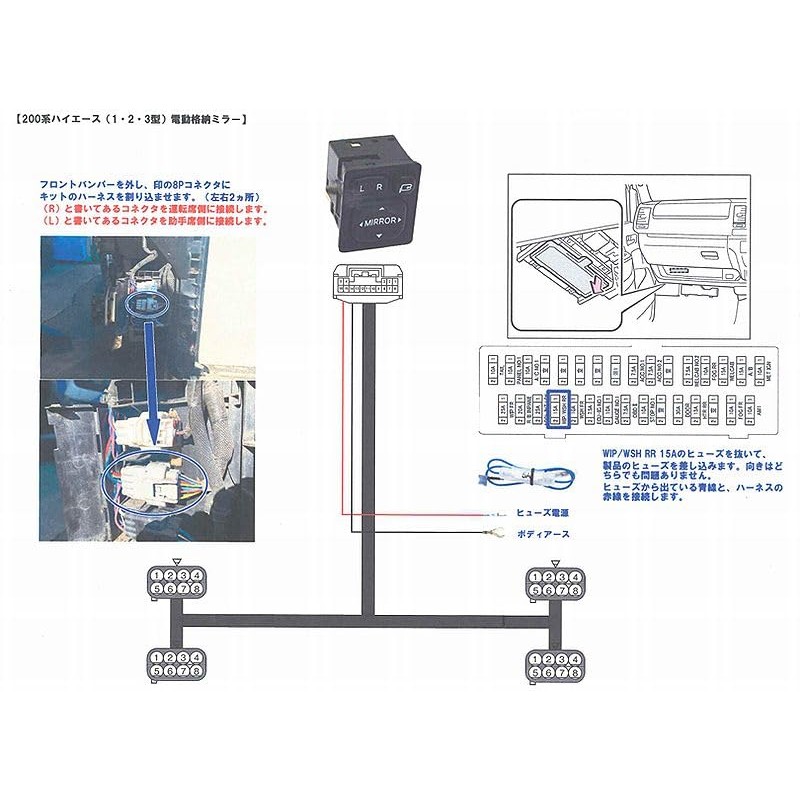 1/2/3型200系ハイエース(2013年11月迄)グレードDX電動格納ドアミラーＧＬパッケージ化専用ハーネス