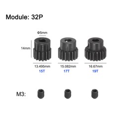 sourcing map 32P Sprocket Set 5 mm Shaft 15T 17T 19T Hardened Steel Motor Sprocket with Steps for RC Car (Pack of 3)