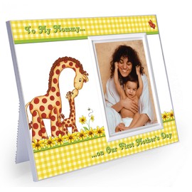 Mothers Day Gift for First Time Mom | 1st Mothers Day Frame "To Mommy on Our First Mother's Day" Picture Frame | Holds 3.5” x 5” Photo | Baby Girl Nursery Decor | Giraffe & Yellow Gingham Theme |