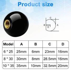 Lvjkes Pack of 5 Ball Knobs M6 x 25 mm, Black Ball Knobs with Built-in Copper Thread, Replacement Parts for Machine Tools, Combination Machines and Woodworking Machines
