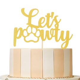 Decoración para tarta de cumpleaños con diseño de perro con texto en inglés "Let's Pawty" para cachorros y niñas, decoración de tartas de cumpleaños, decoración de tartas con purpurina dorada, temática de perro de cumpleaños