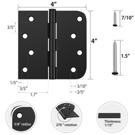 HOSOM 6 Pack Black Exterior Door Hinges 4 Inch, 5/8" Radius, Removable Pin, Perfect for Heavy-Duty Front & Back Door, Antirust & No Squeaks