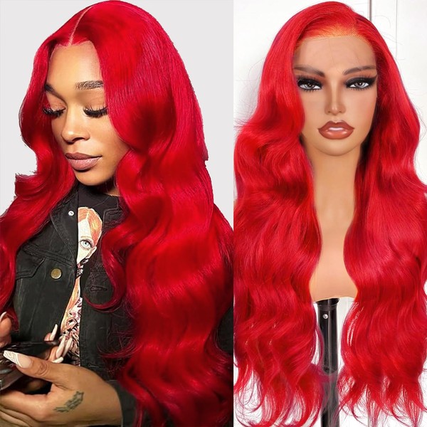 Shciyair 24 Inch Red Lace Front Wigs Human Hair 200