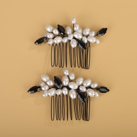 BERYUAN Black Rhinestone Pearls Wedding Hair Comb Pearls Bridal Wedding Headpiece Dainty Pearls Hair Comb Pearls Hair Side Comb Crystal Wedding Comb for Women Girls(2pcs) (black)