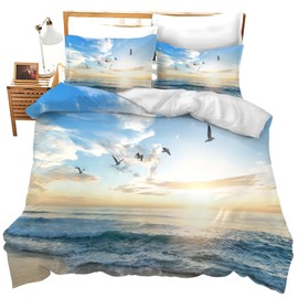 jamie world Beach Ocean Bedding Set Twin Full Queen King Size Coastal Bird Duvet Comforter Cover Sunrise Flower Cozy Quilt Cover Decorative Soft Bed Sets with 2 Pillowcases for Kids Adults