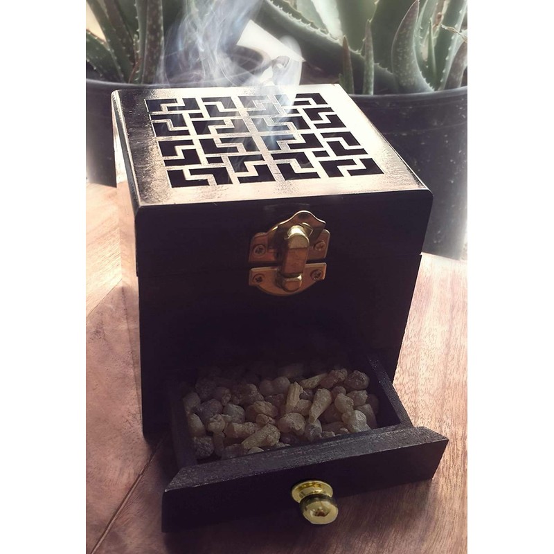 Nazareth Store Charcoal Incense Burner Resin Holder Black Natural Wood