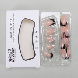 24Pcs Black French Tip Press on Nails Short Square Fake Nails with Silver Rhinestones Nail Tips Design Nude False Nails Full Cover Artificial Glue on Nails Reusable Stick on Nail for Women DIY Salon