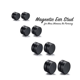 6mm Magnetic Earrings Set - No Piercing Required, Black Studs, Round Fake Gauge, Titanium Faux Plug Earrings - Punk Style Magnetic Jewelry for Men and Women