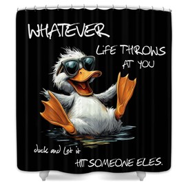 Black and White Shower Curtain,Funny Quotes Duck Bathtub Curtain,Animal Pet Bathroom Decor,Fabric Waterproof Bathroom Accessories with Hooks,69X70 in