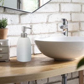 Relaxdays Soap Dispenser, 300 ml, Refillable, Bathroom, for Lotions & Shower Gel, Stainless Steel Pump, White, Polyresin, 18 x 8 x