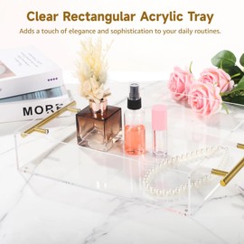 Acrylic Serving Tray with Gold Handles & Magnetic Mat,12x10 Inch Non-Slip Base, Thick Transparent Acrylic Tray, Spill-Proof Design, Perfect for Coffee, Breakfast, Dinner & Decorative Storage