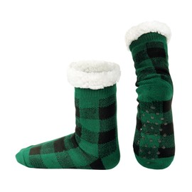 GERINLY Women Slipper Socks Winter Warm Cozy Indoor Socks Fuzzy Plaid Thermal Non Slip Thick Comfy Soft (Green)