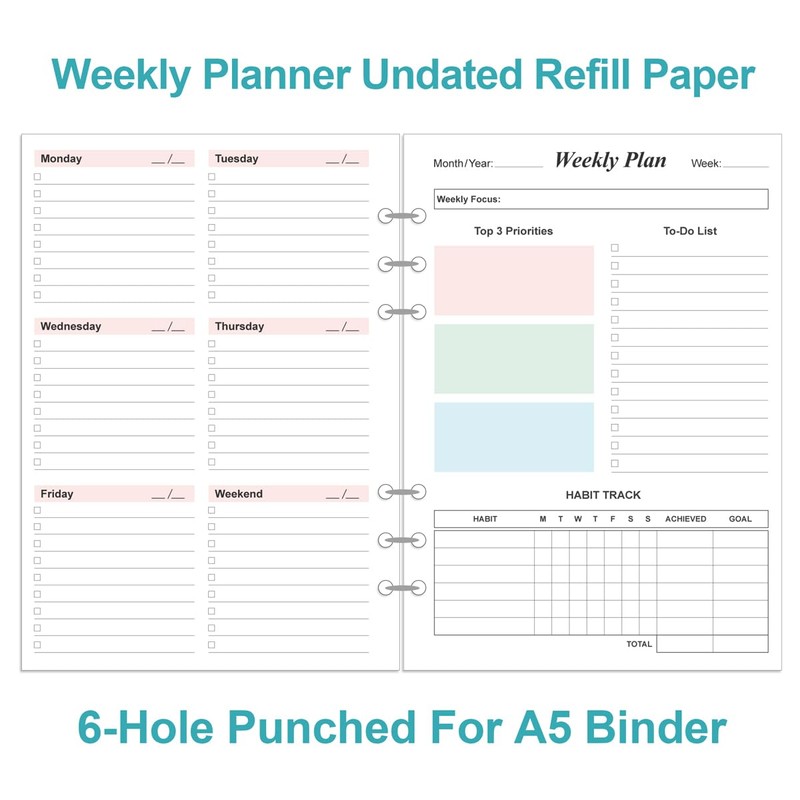 Weekly Planner Refills for A5 Binders - 53 Sheets/106 Pages