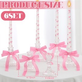 Reallnaive 6 Set Pink Bow Coquette Taper Candles with Glass Candlestick Holders 10 Inch Tall Pillar Candles Bow Theme Birthday Decortions for Valentine's Day Dinner, Party, Wedding, Anniversary
