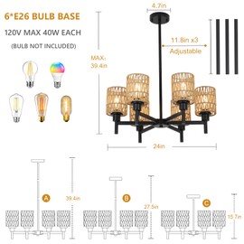 Airposta Rattan Farmhouse Chandelier for Dining Room, Black Pendant Lights Kitchen Island Lighting, Boho Chandeliers Ceiling Hanging Lamp, Rustic Dining Room Light Fixture for Living Room Bedroom Hall