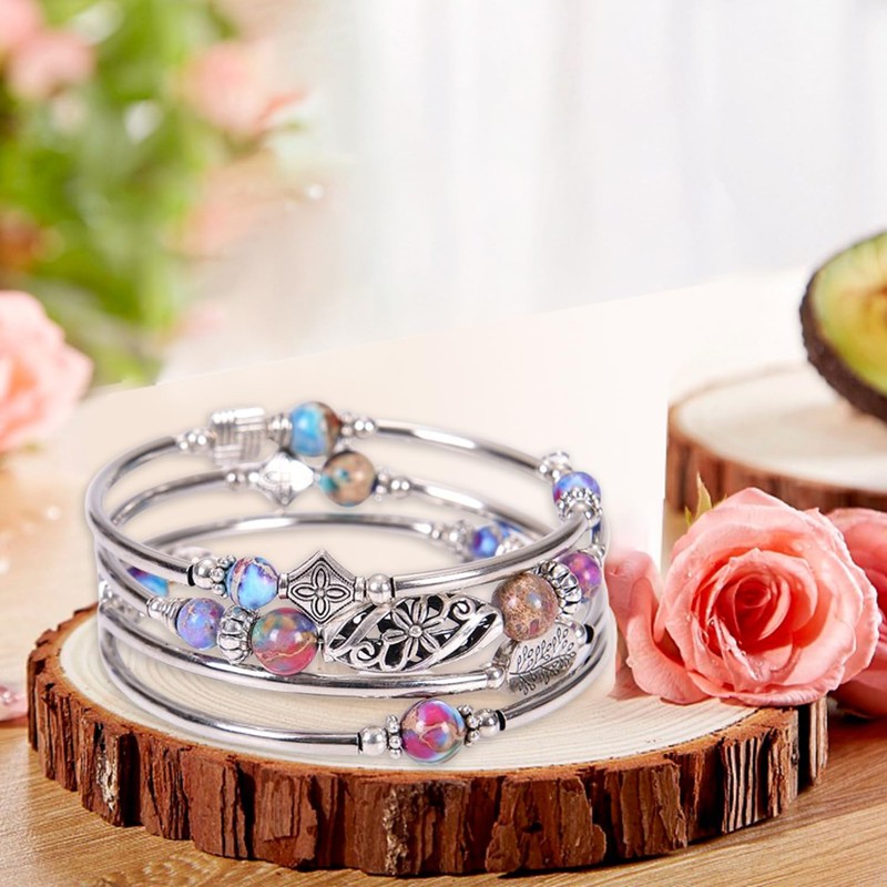 Cumilo Beaded Silver Bangle Wrap Bracelet with Natural Stones for