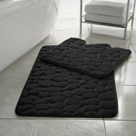 EXQUIZIT HOME Bath Mat Memory Foam Pebble Stone Quick Dry Non Slip Ultra Absorbent Bathroom Rug Pedestal Toilet Mats Sets 2 Pieces COLOUR BLACK