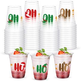 Yaomiao 50 Pcs Christmas Cups 12 oz Bulk Disposable Plastic Merry Xmas Cups Ho Ho Ho Christmas Party Drinking Beverage Cups for Winter Holiday Christmas Party Decoration Tableware Supplies