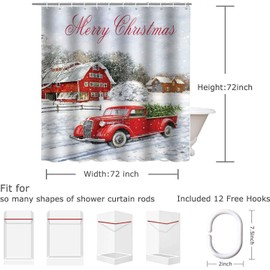 Inshere Colorful Merry Christmas Shower Curtain with 12 Hooks 72"X72", Vintage Red Vintage Truck Xmas Winter Snowy Forest Tree Pattern, Funny Christmas Shower Curtain Set