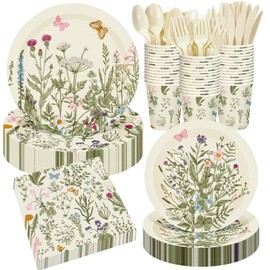 Sunnychicc 400 Pcs Wild Floral Disposable Paper Plates Napkins Cups Serve 50 Watercolor Floral Tableware Set for Spring Wedding Tea Party Decoration Bridal Baby Shower(Vintage Color, Classic Style)