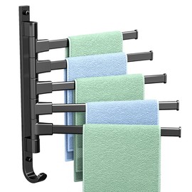 Sveudvdis Swivel Towel Rack, Thicken 5-Arm Towel Bar, Space Saving Wall Mounted Towel Holder with Hook, Rustproof Swing Out Towel Hanger for Bathroom, Kitchen