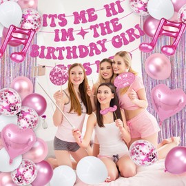 Its Me Hi Im The Birthday Girl Its Me Decorations,Hot Pink Girl Birthday Supplies Glitter Its Me Hi Banner Music Theme Photo Props Balloons Fringe Curtain for Girl Birthday Party