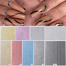 JERCLITY 9 Sheets 9 Colors Glitter Lines Nail Art Stickers 3D Holographic Nail Art Stickers Self-Adhesive Laser Metal Stripe Nail Decals Geometric Strip Line Nails Stickers for Women Nail Decorations