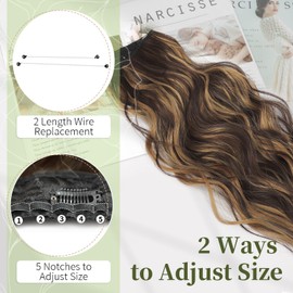 KooKaStyle Invisible Wire Hair Extensions with Transparent Headband Adjustable Size 4 Secure Clips Long Wavy Secret Wire Hairpiece 20 Inch Chestnut Brown with Blonde Highlights for Women