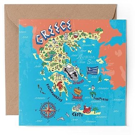 1 x Greeting Card - Greece Santorini Crete Map Landmarks - Blank Birthday Celebration Anniversary #58716
