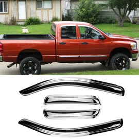 Deebior 94623Y Chrome Side Window Visor Wind Vent Deflector fit for 02-08 Dodge Ram 1500,03-09 Ram 2500&3500 Quad Cab with 2Half Size Rear Doors,4pcs Outside Mount Shade Sun Rain Guards Set