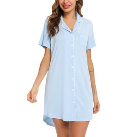 Anjue Women's Nightgown Short Sleeve Sleep Nightshirt Breastfeeding Loungewear Button Down Pajama Dress(Light Blue,XXL)