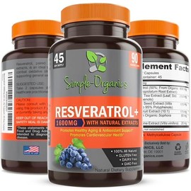 Simple-Organics Resveratrol 1500 mg con Extractos Naturales - Antioxidante - Cardiovascular - Energía - Hecho en USA