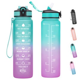 Sport Water Bottle, 1L Water Bottle with Straw and Time Markings, Reusable Motivational Leakproof Water Bottle BPA Free Lid, Durable Drink Bottle for Gym, Sports, Outdoor (Green-Purple Gradient)