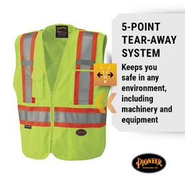 Pioneer Hi Vis Tear-Away Safety Vest - Lightweight Mesh Back - Class 2 - 4 Pockets - Yellow/Green