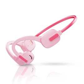 GenXenon Open Ear Headphones with Mic, 85dB Safe Volume Limited Air Conduction for Kids Wireless Headphones, On Ear Bluetooth Headsets for Boys and Girls with 8GB Memory 8 Hrs Playtime for Music(Pink)