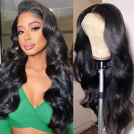 WRREJ Body Wave Lace Front Wigs Human Hair 13x4 HD Transparent Lace Frontal Wigs Human Hair Pre Plucked 180% Density Glueless Wigs Human Hair with Baby Hair Natural Black Color 24 Inch