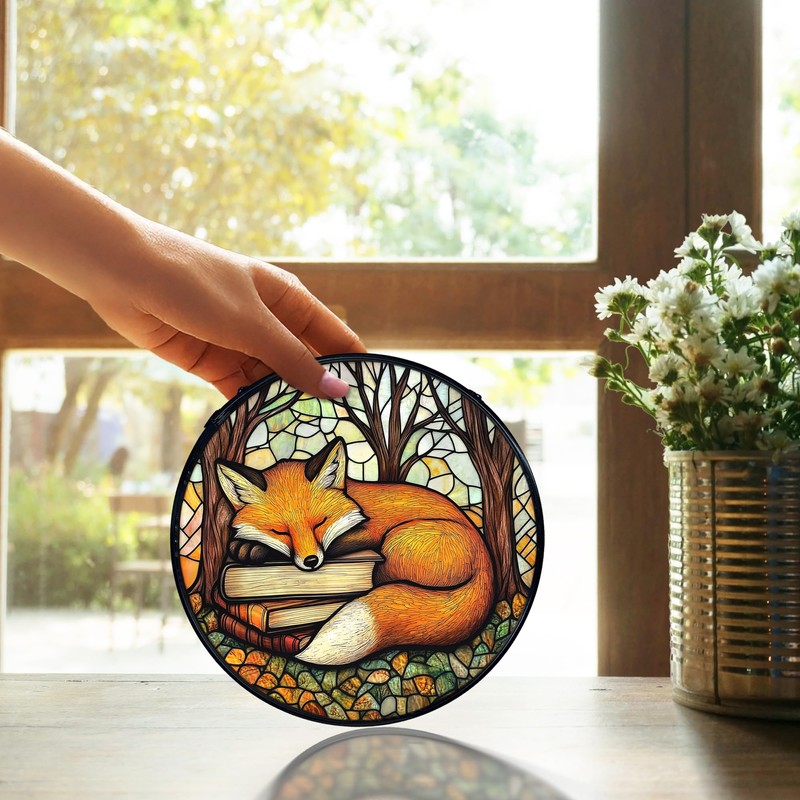 Fox Stained Glass Window Hanging, Book Lovers Sun Catchers Indoor