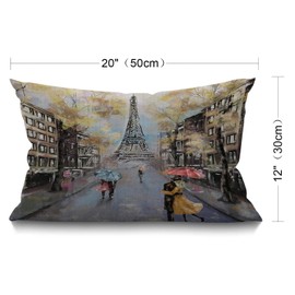 Paris Cushion Cover 12x20 Inch Oil Painting Autumn Lovers Kiss on Rainy France Street Eiffel Tower Rectangle Pillow Cases Home Decorative Cotton Linen Throw Pillow Cover for Bed Sofa 30 x 50 cm