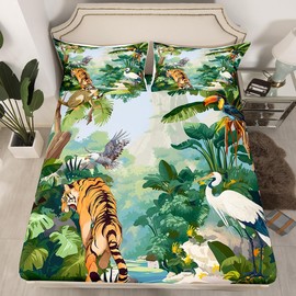Castle Fairy Tiger Animal Bed Sheets Set with Pillowcase,Green Palm Leaves Jungle Bed Sheet for Boys Girls Teens,Rainforest Eagle Wildlife Top Flat Sheet Luxury Microfiber Bed Cover,Queen Size