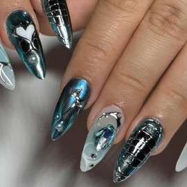 Medium Almond Press on Nails Cute Heart Fake Nails with Rhinestones Design Shine Gem Stick on Nails Silver Glossy Acrylic Nails Full Cover Star Glue on Nails for Women DIY Manicure Supplies 24Pcs