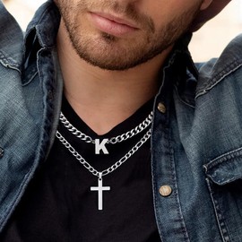 ZNBOH Cross Initial Necklace for Men Stainless Steel Silver Layered Cuban Figaro Link Chain Letter Christian Cross Pendant Initial A-Z Jewelry Gift for Husband Women