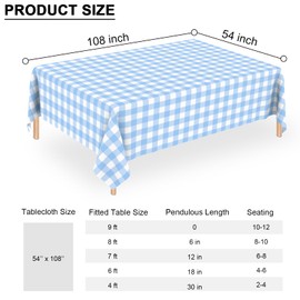 3 Pcs Light Blue Gingham Tablecloth Blue Disposable Plastic Checkered Table Cloths for Parties Disposable, Waterproof Rectangular Blue Table Cover for Camping, Birthday, Party, Picnic 54 × 108 Inch