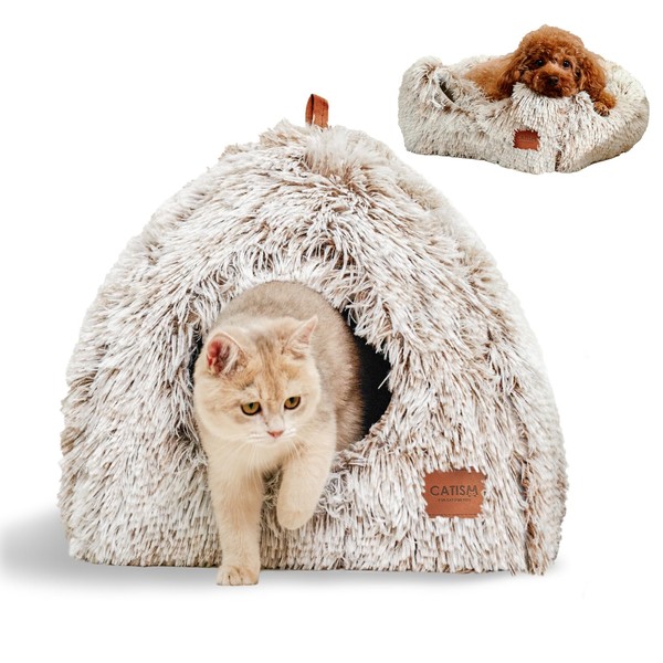 CATISM Cat Bed, Cat Cave for Indoor Cats, Ultra Soft Cat Dome, Self-Warming 2 in 1 Foldable Pet Cat House with Washable Cushioned Pillow Calming Fluffy Dog Beds for Small Dogs with Anti-Slip Bottom
